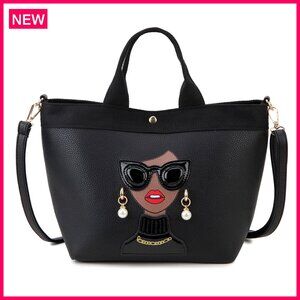 Vegan Leather Tote with 3D Lady Face Design, Adjustable Strap